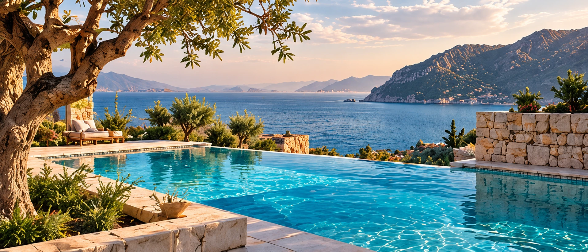 Piscina mediterranea immersa nel paesaggio costiero