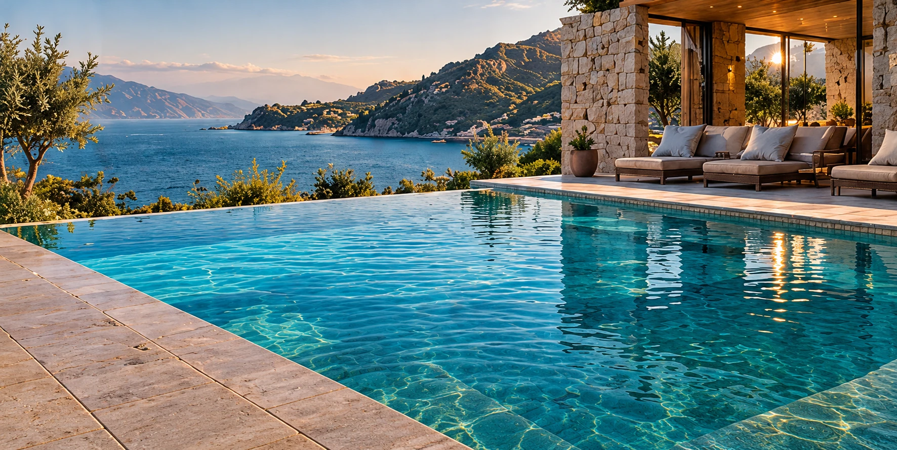 Piscina a sfioro e terrazza in pietra affacciate sul mare