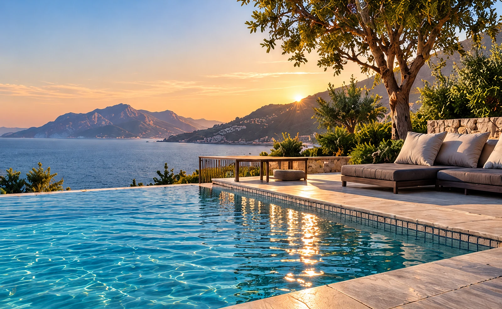 Piscina sul mare al tramonto con terrazza e ulivo