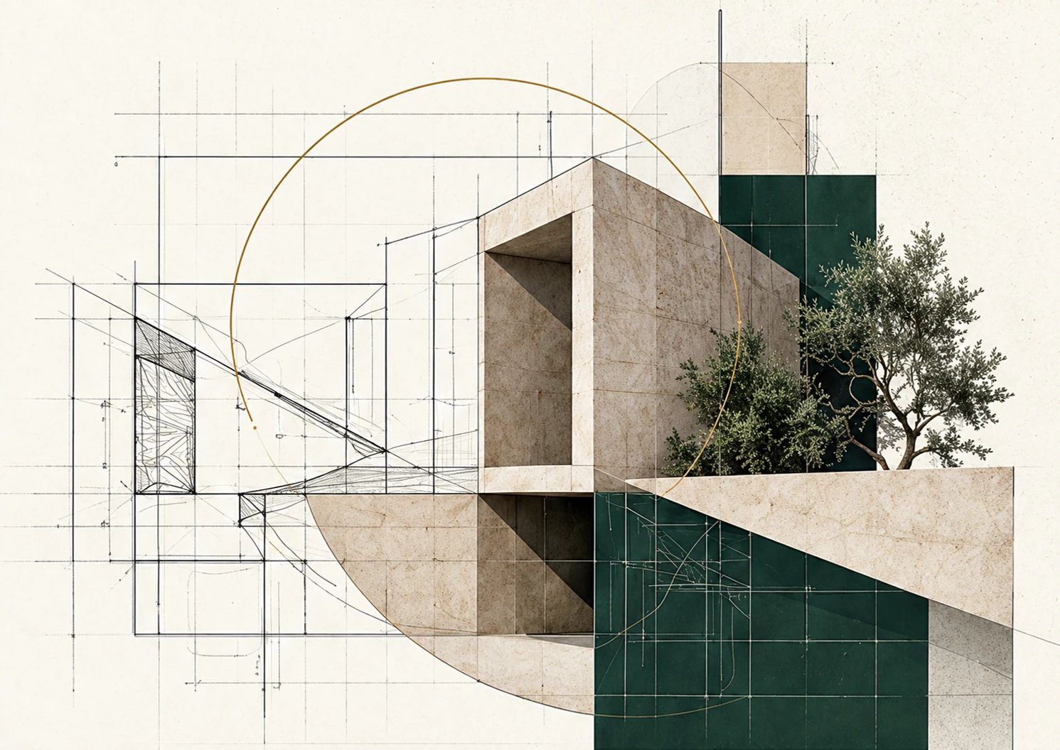 Composizione di architettura in pietra, disegno tecnico e ulivo