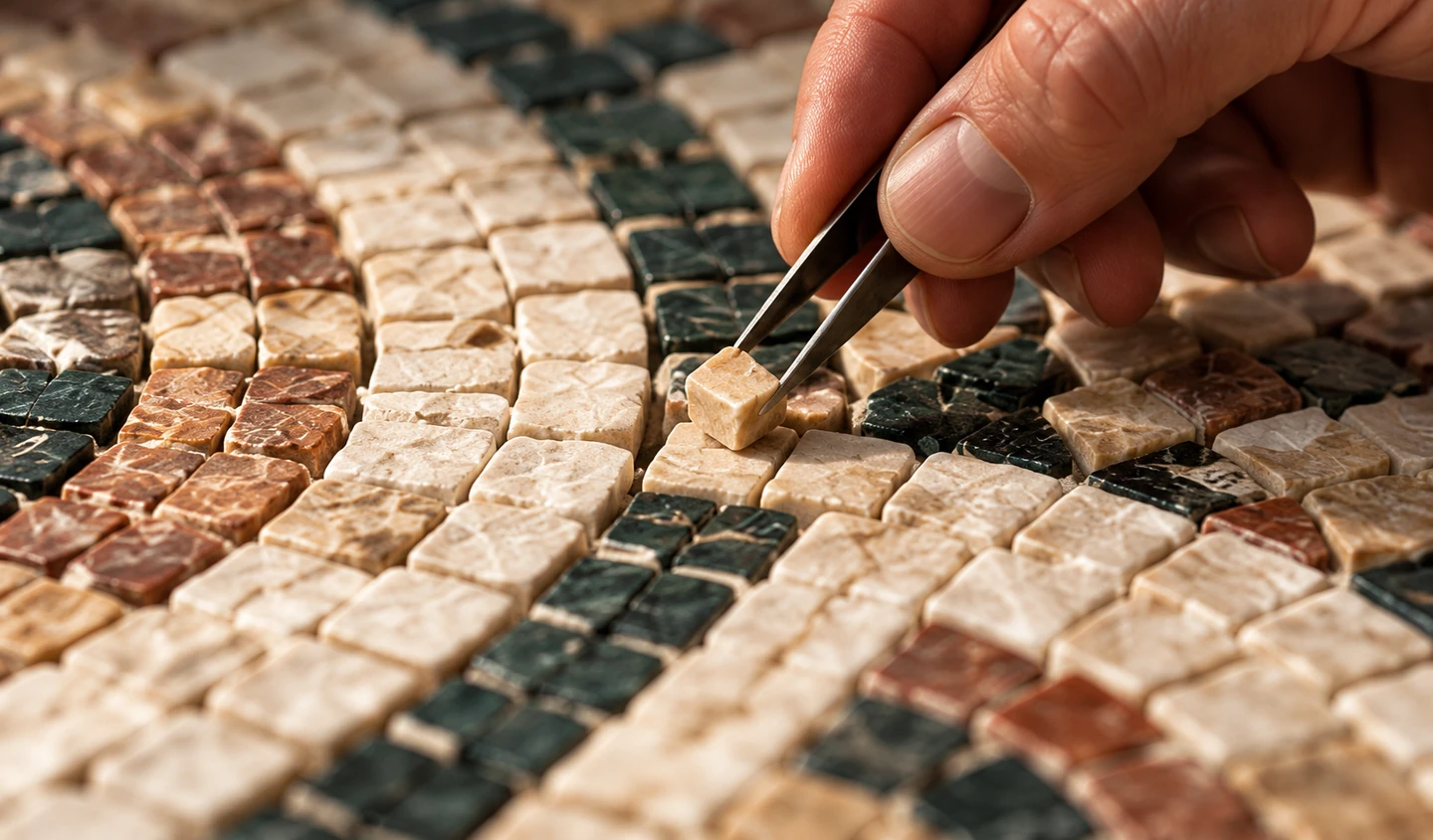 Illustrazione artigianale: posa di una tessera in pietra con una pinzetta